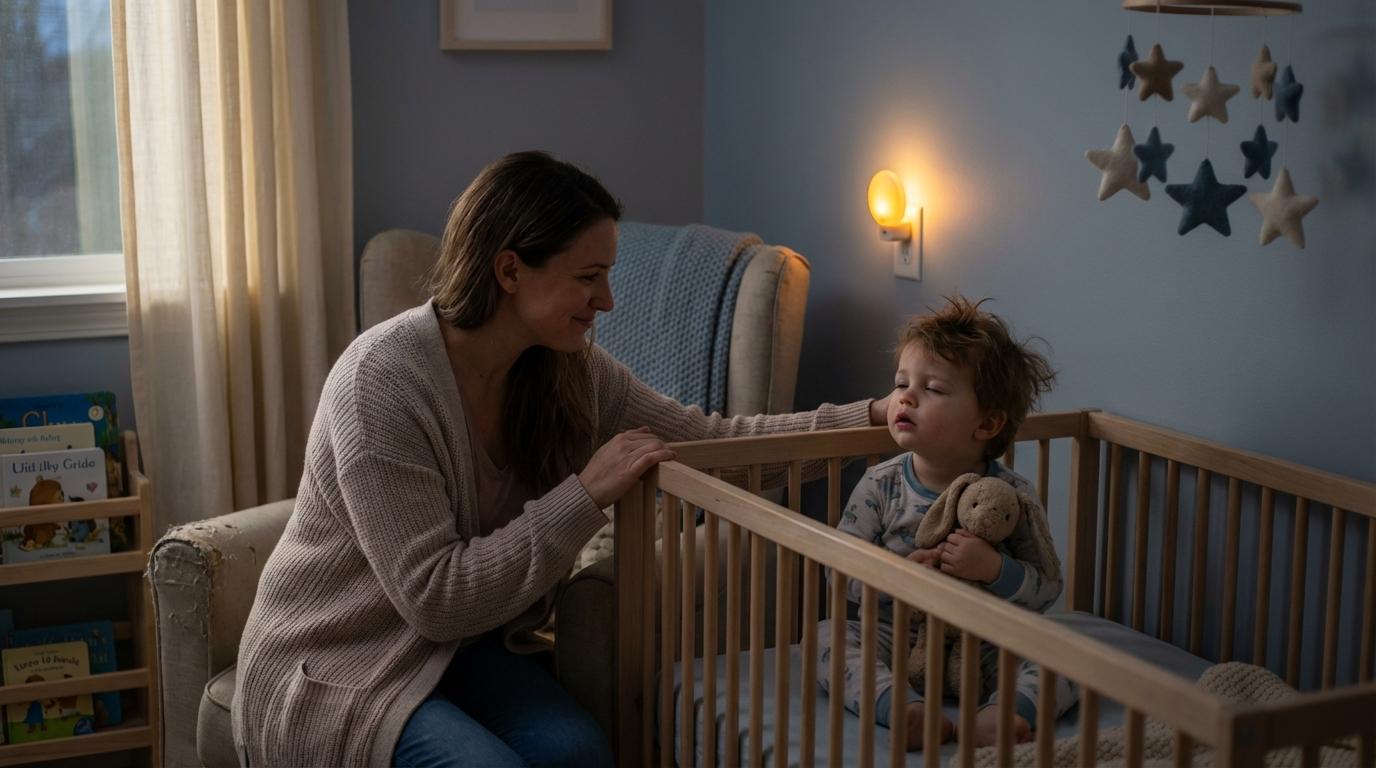Mother sitting beside a crib at night while her baby stands in the crib