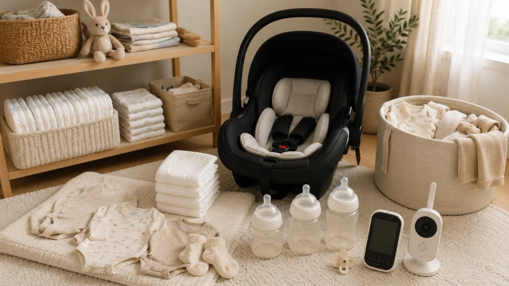 Newborn essentials in a nursery: car seat, diapers, bottles, clothes and a baby monitor