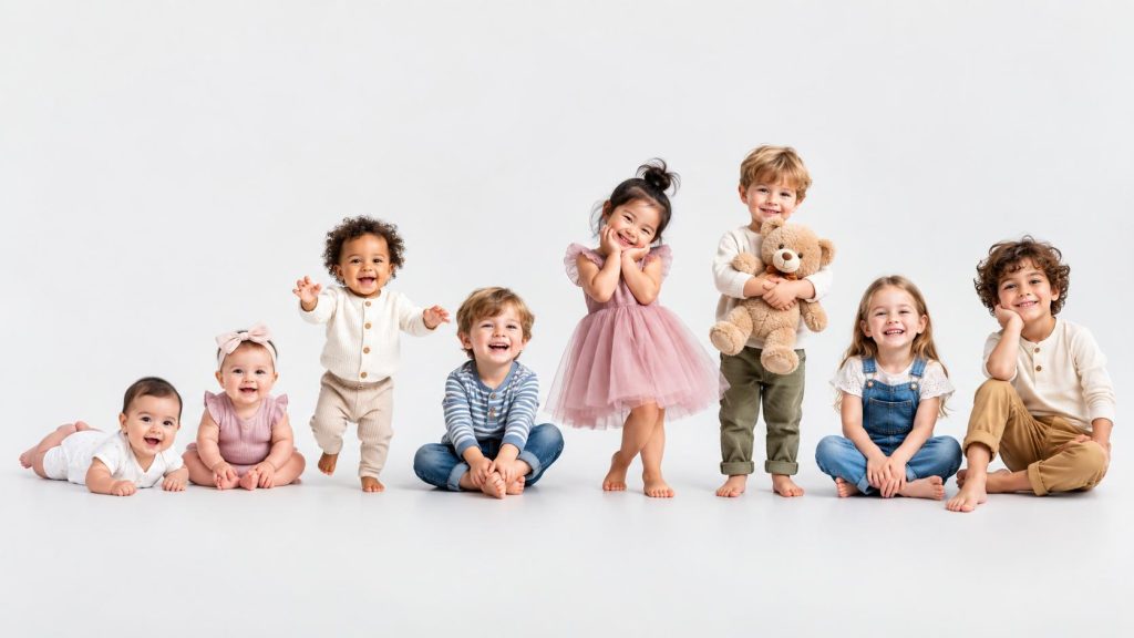 Eight smiling young children sitting together in a bright studio