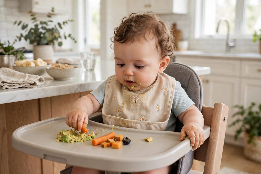 Baby in a high chair feeding themselves soft finger foods