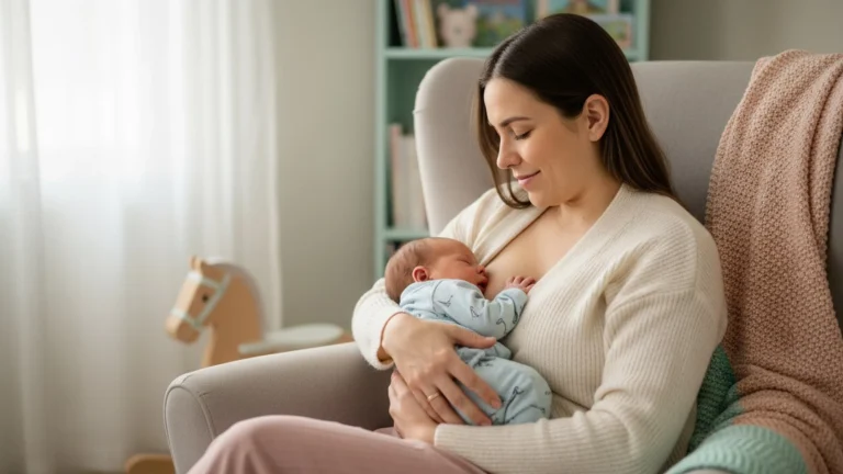 Mother breastfeeding her newborn in a nursing chair
