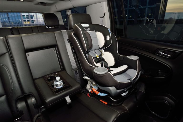 Child car seat installed in the back seat of a car